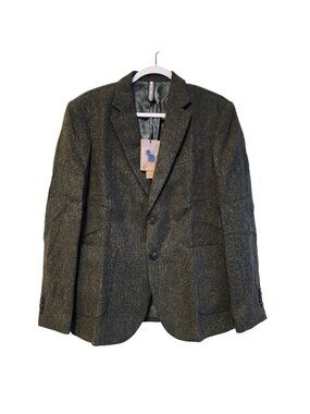 PJ Paul Jones Mens Herringbone Blazer Jacket  Wool Blend Green Tweed Size S